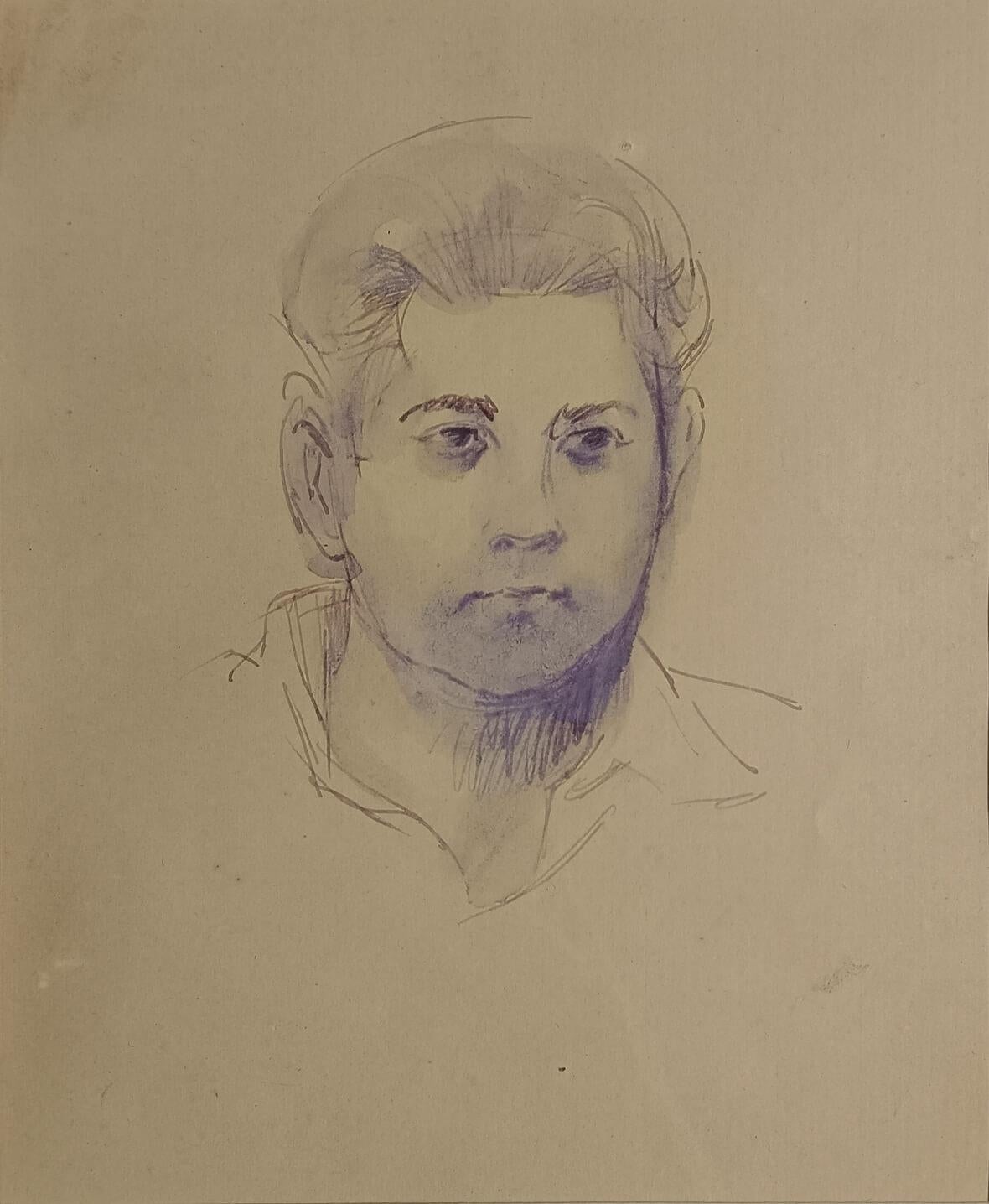 Somnath Hore - Sans titre (visage d'un homme)
Plume, encre et aquarelle sur papier
7,6 x 6 pouces
(Sans honte et sans réserve)

Portrait sans titre de Somnath Hore, cette étude à la plume, à l'encre et à l'aquarelle capture l'intensité tranquille et
