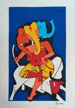 Vintage Ganesha, Serigraph on Paper Figurative, Indian Modern Artist M.F Husain-In Stock