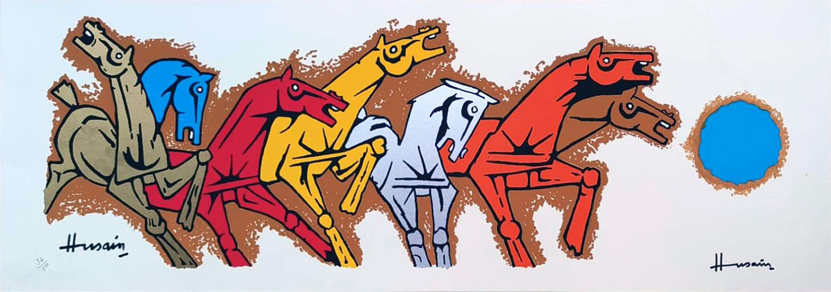M.F. Husain - Horses
Serigraph on Paper
19 x 39 inches
(Unframed & Delivered)

This vibrant painting is a striking work by M.F. Husain, who is often celebrated as the “Picasso of India.” It depicts Lord Ganesha, the beloved elephant-headed deity, in
