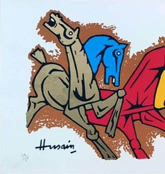 Cavalli, serigrafia su carta figurativa, artista indiano moderno A.M.F. Husain-In stock