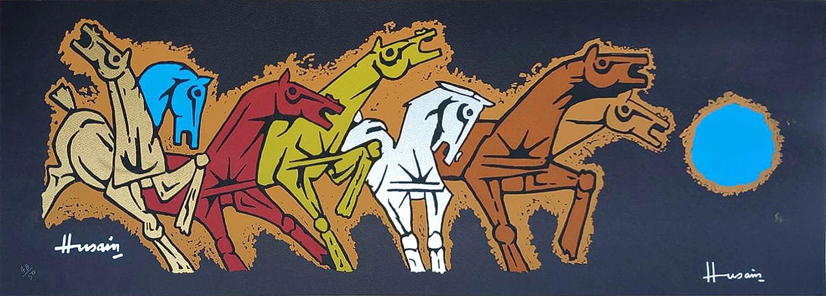 Horses, Serigraph on Paper Figurative, Indian Modern Artist M.F Husain-In Stock