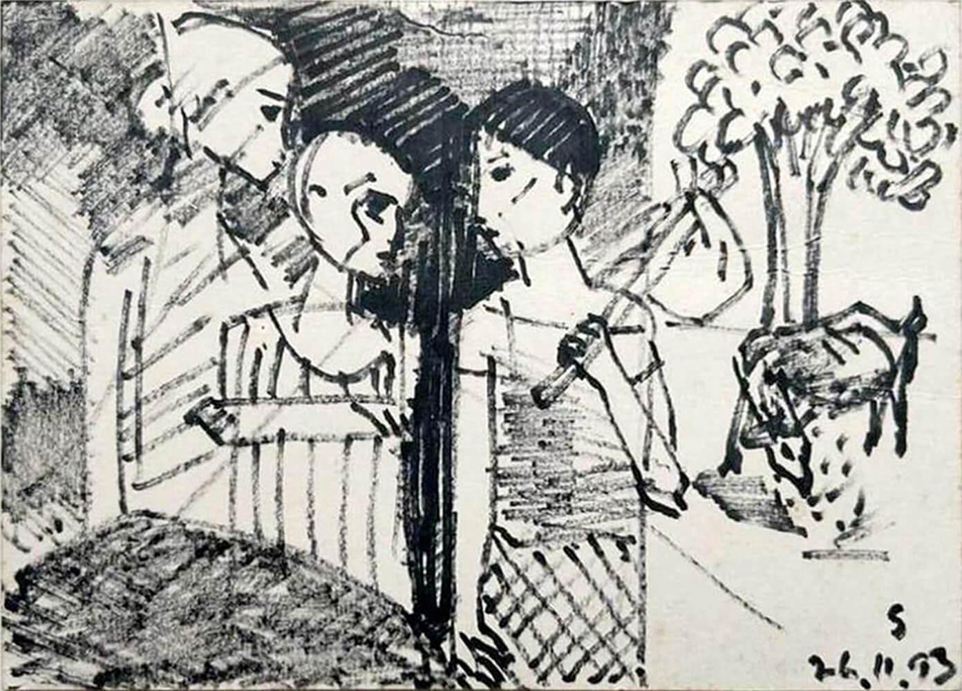 Untitled, Ink on Paper, Figurative Artist Somnath Hore "In Stock"