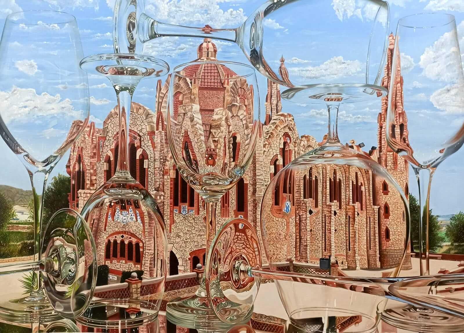 Tauseef Khan - Novelda Castle Reflection
Oil on Canvas
H 36 x W 48 inches, 2024
(Rolled & Delivered)

This painting is a striking example of hyperrealism, where meticulous detail and visual precision create an almost photographic illusion. The