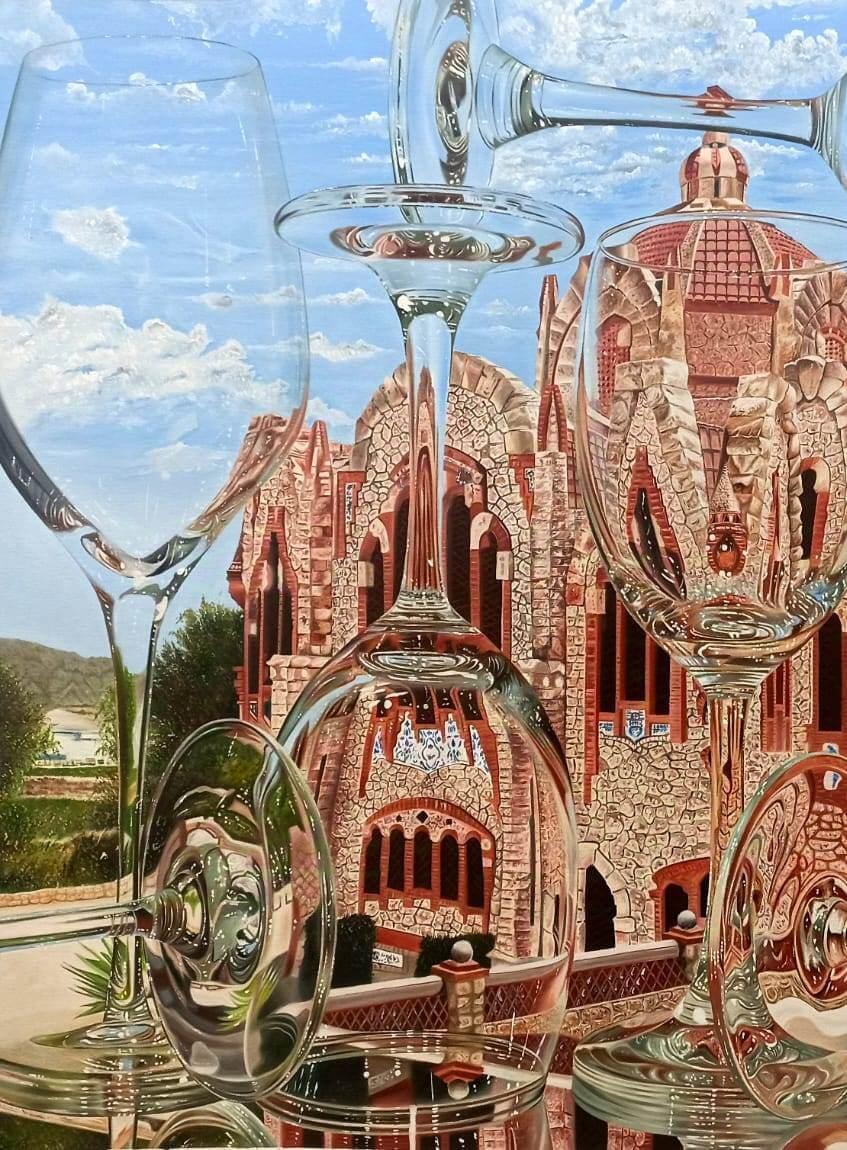 Novelda Castle Reflection, Oil on Canvas, Contemporary Indian Artist 