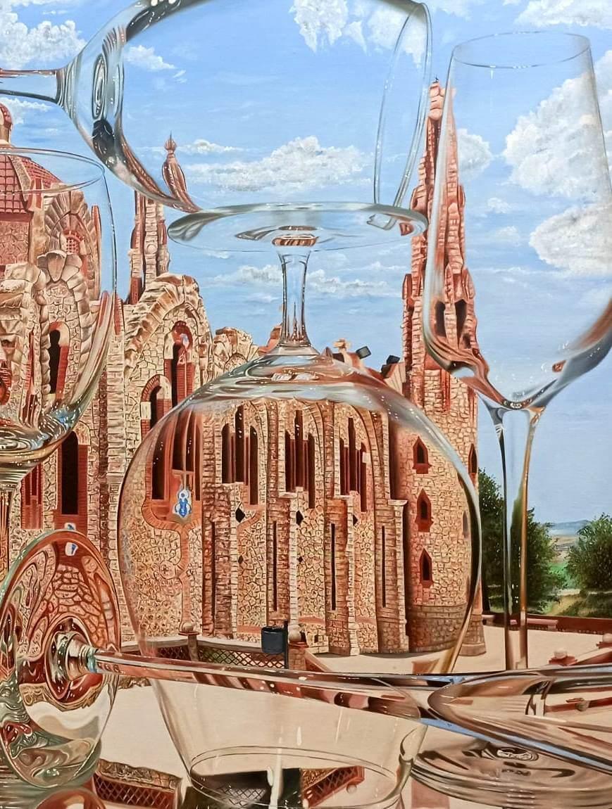 Novelda Castle Reflection, Oil on Canvas, Contemporary Indian Artist 