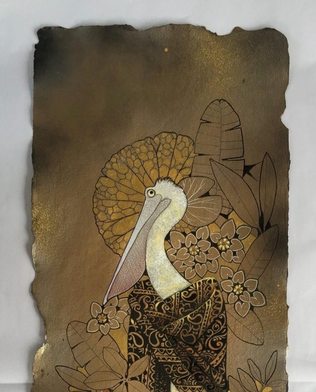 Ms. Pelican’ - from Life in Nature series, Acrylic & Ink in Handmade Paper - Painting by Ganapati Hedge