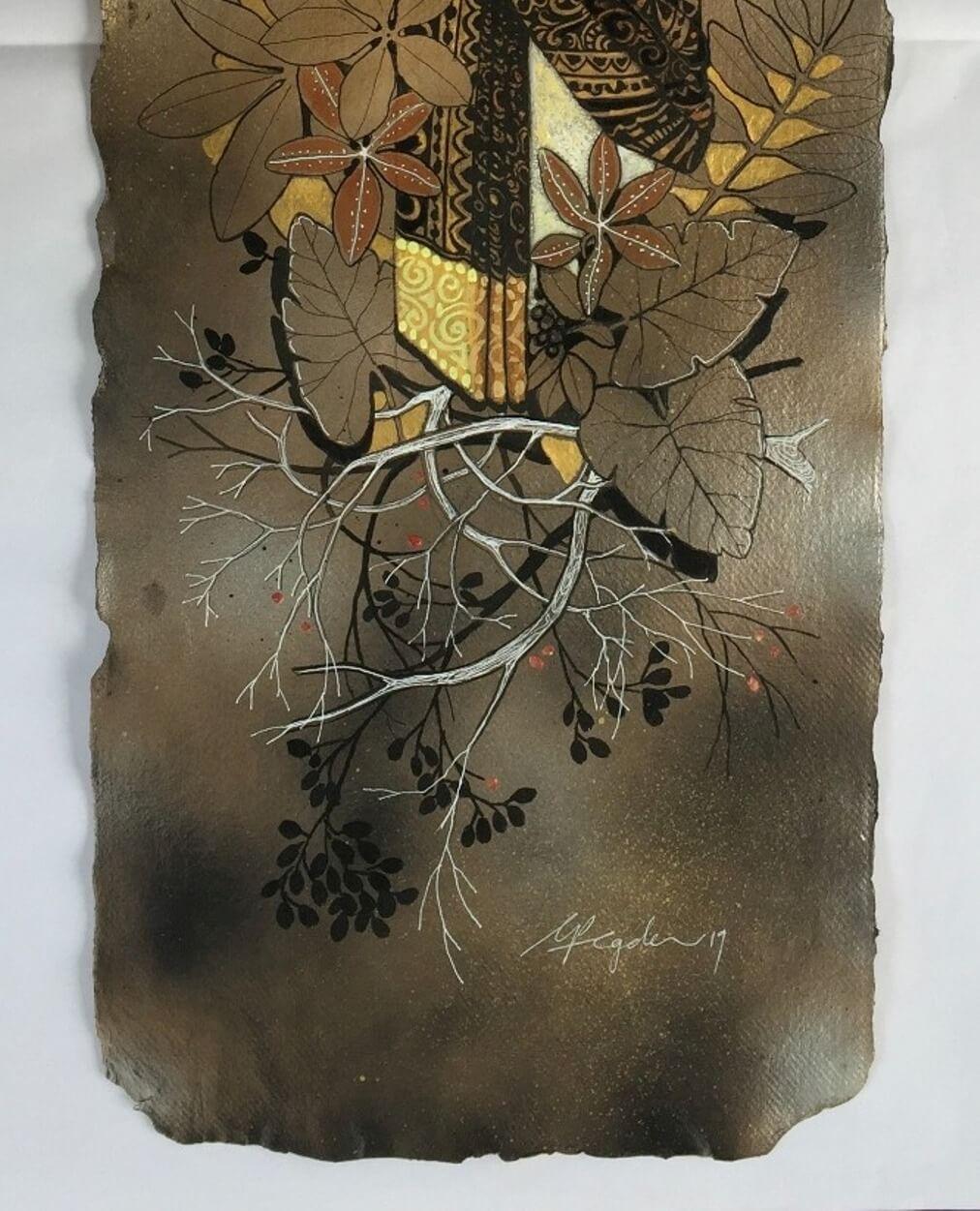 Ms. Pelican’ - from Life in Nature series, Acrylic & Ink in Handmade Paper - Contemporary Painting by Ganapati Hedge