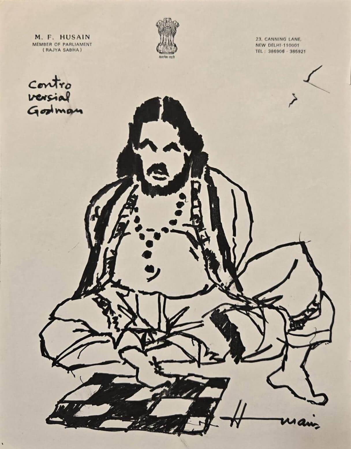 Controversial Godman, Ink on Paper, Indian Modern Artist M.F. Husain "In Stock"