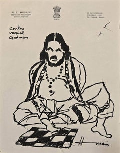 Controversial Godman, Ink on Paper, Indian Modern Artist M.F. Husain "In Stock"