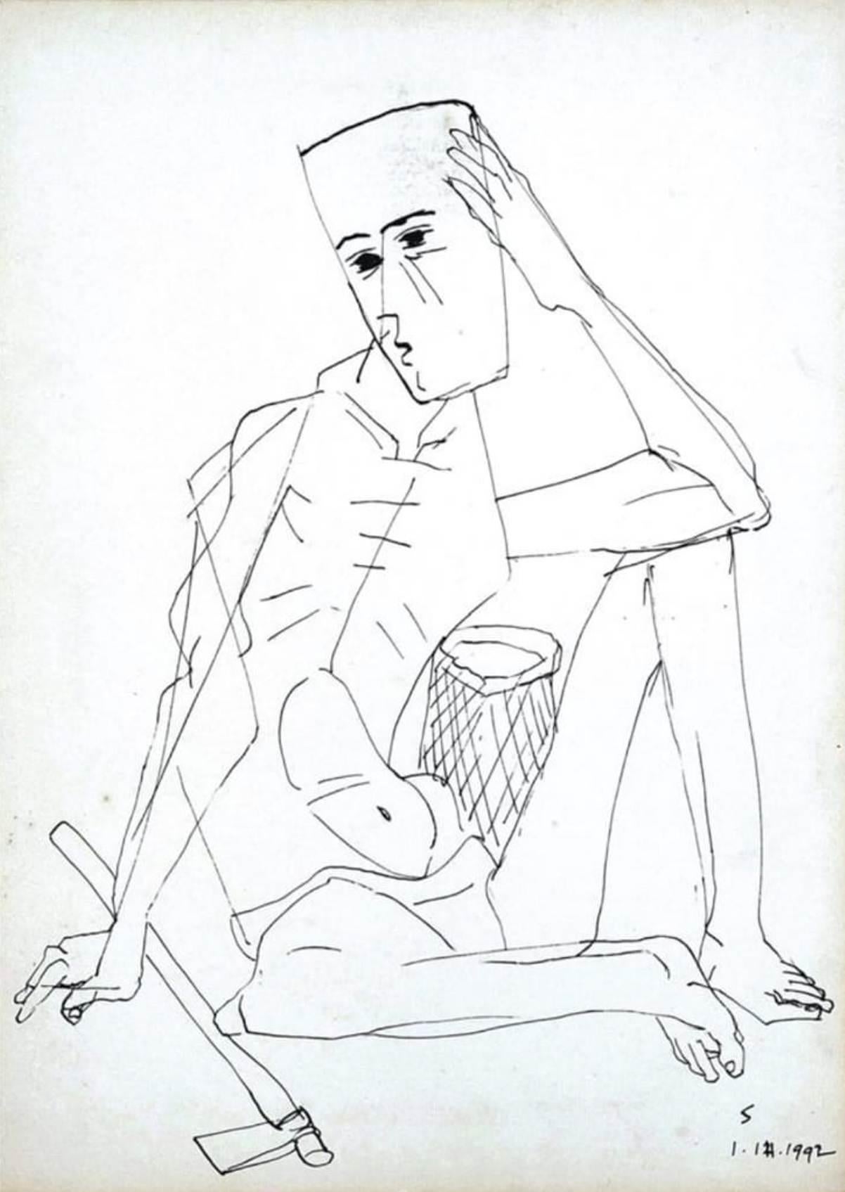 Untitled (Man Sitting), Pen 
Ink on Paper, Artist Somnath Hore "In Stock"