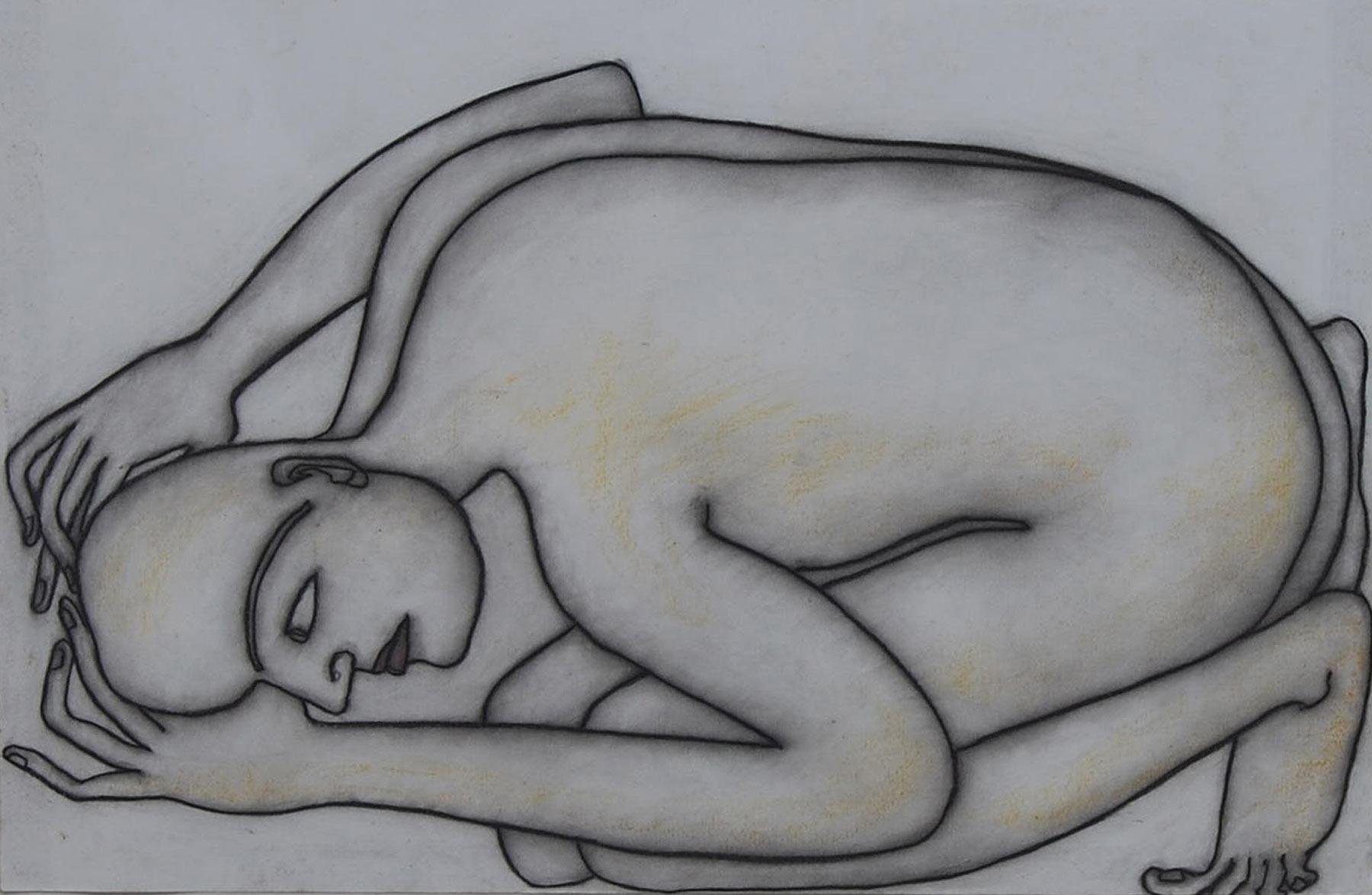 Jogen Chowdhury -  Man Kneeling on the floor - 20 x 28 inches (unframed size)
Dry Pastel on paper
Inclusive of shipment in roll form.

Kneeling Man takes a fresh look at tradition and Modernism , drawing freely upon ideas and values from native