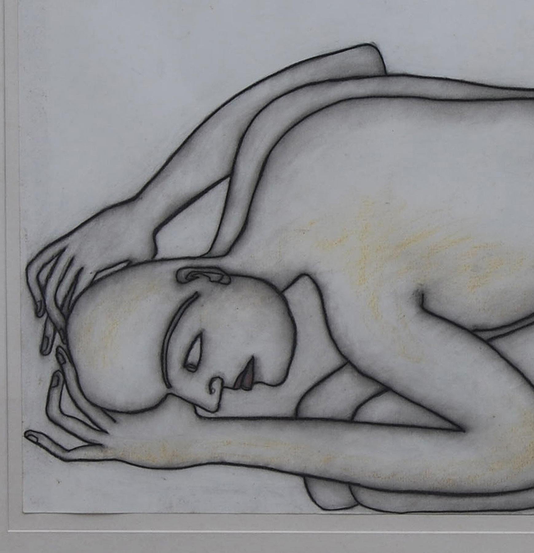 Man Kneeling on the floor, Nude, Pastel on paper by Modern Artist 