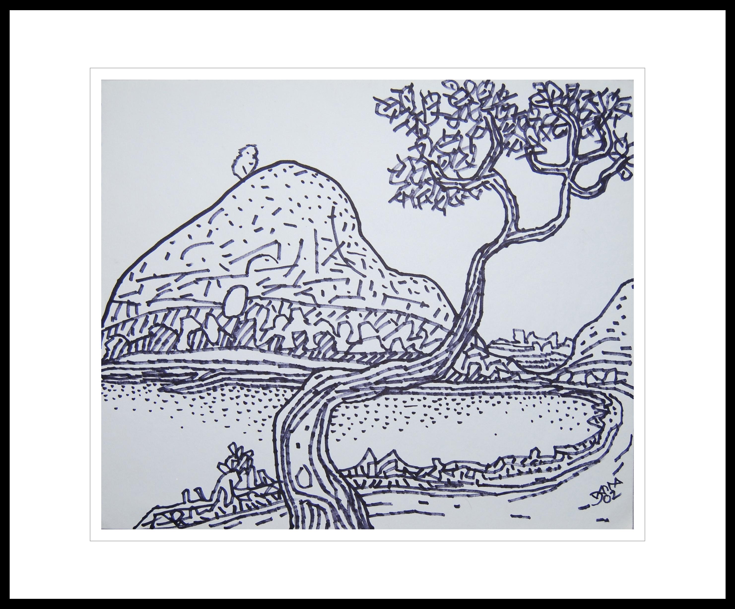 Prokash Karmakar Landscape Art - Landscape Drawing, Village Scenery, Ink on paper, Bengal Master Artist"In Stock"