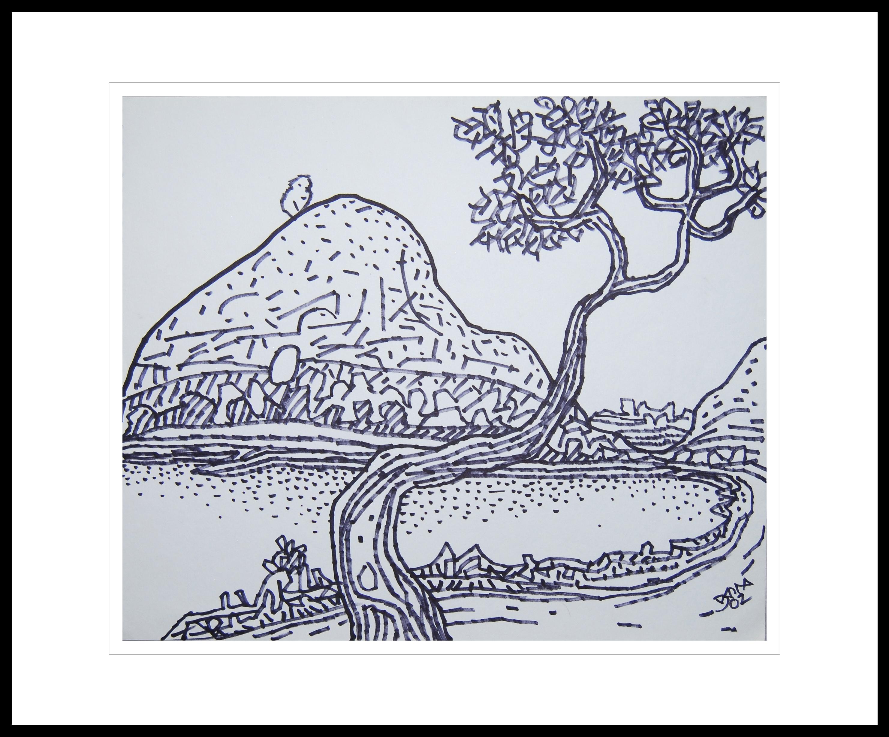 Prokash Karmakar Landscape Art – Landschaftszeichnung, Dorfsszene, Tinte auf Papier, Bengalischer Meisterkünstler, „Auf Lager“