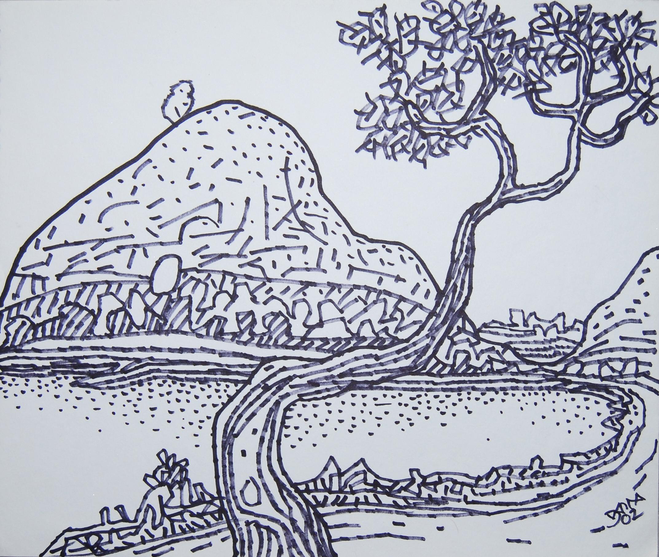 Landschaftszeichnung, Dorfsszene, Tinte auf Papier, Bengalischer Meisterkünstler, „Auf Lager“ – Art von Prokash Karmakar