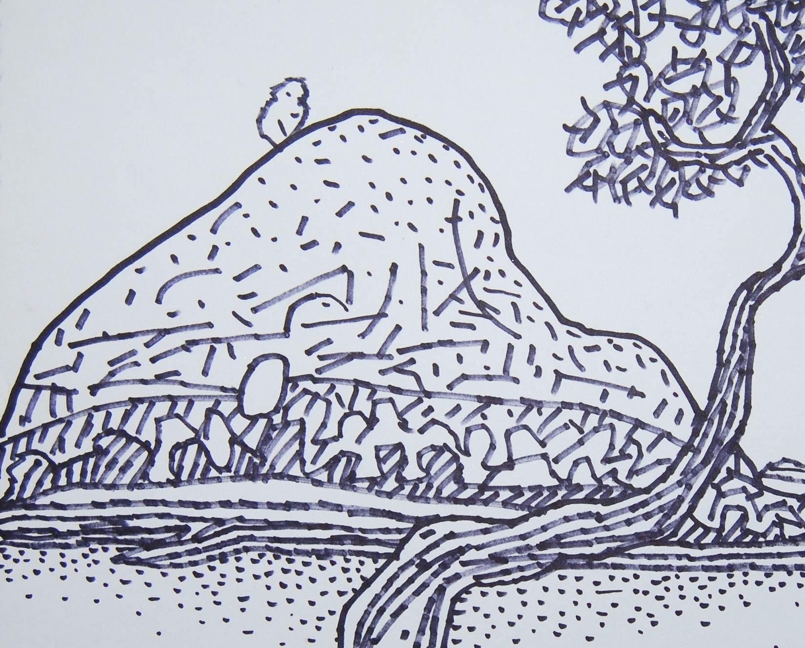 Landschaftszeichnung, Dorfsszene, Tinte auf Papier, Bengalischer Meisterkünstler, „Auf Lager“ (Grau), Landscape Art, von Prokash Karmakar