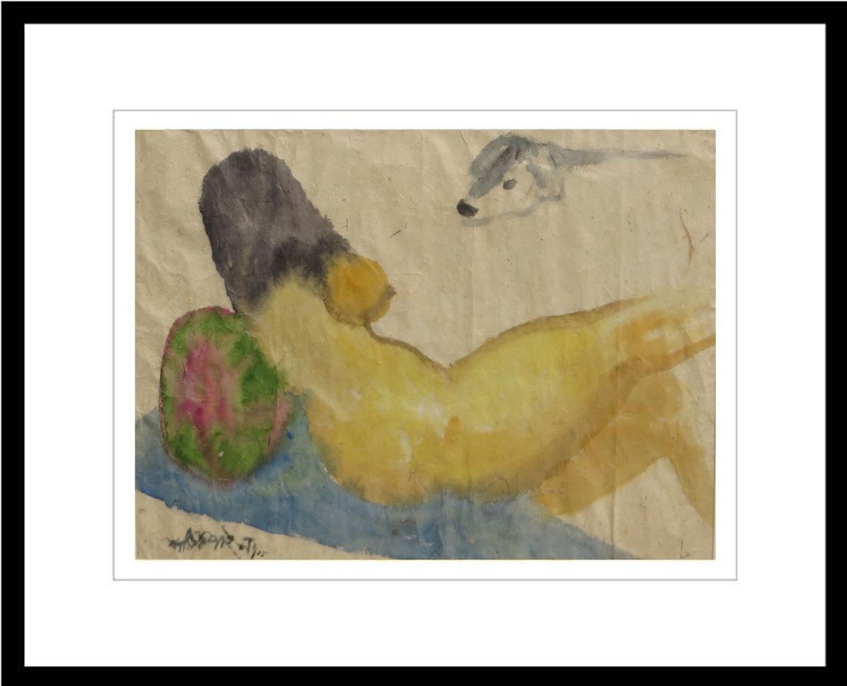 Kartick Chandra Pyne Nude Painting - Reclining, Nude Woman, Sunbathing, Watercolor, Blue, Yellow, Green "In Stock"
