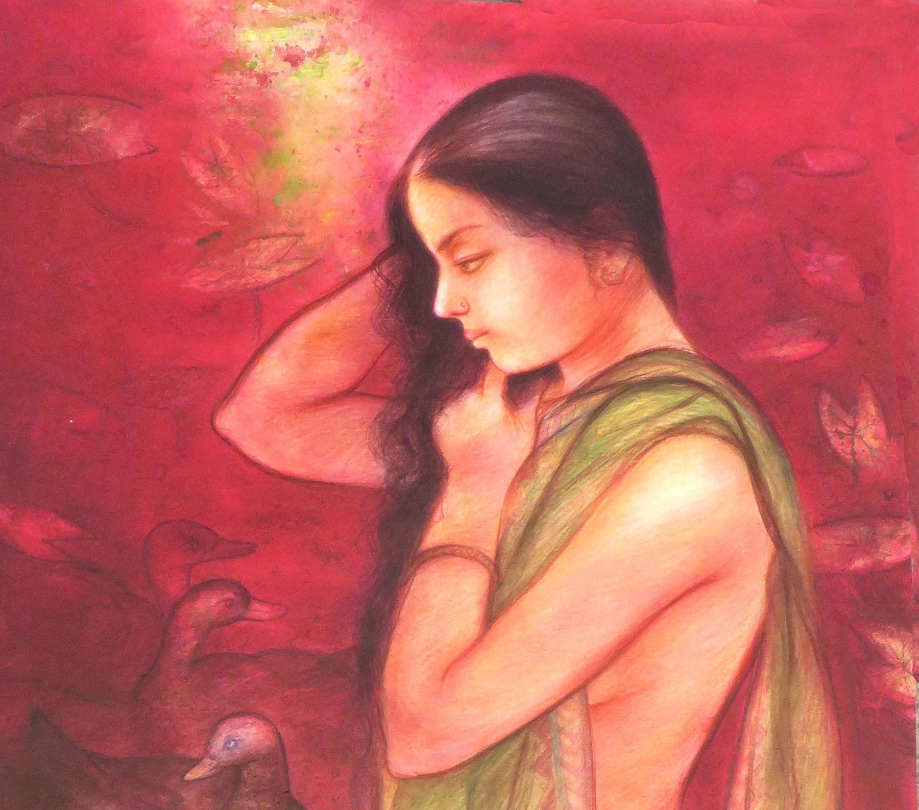 Étang de lotus, femmes indiennes se baignant au bord d'un lotus, technique mixte, aquarelle, rouge, vert « en stock » - Painting de Gaurango Beshai 