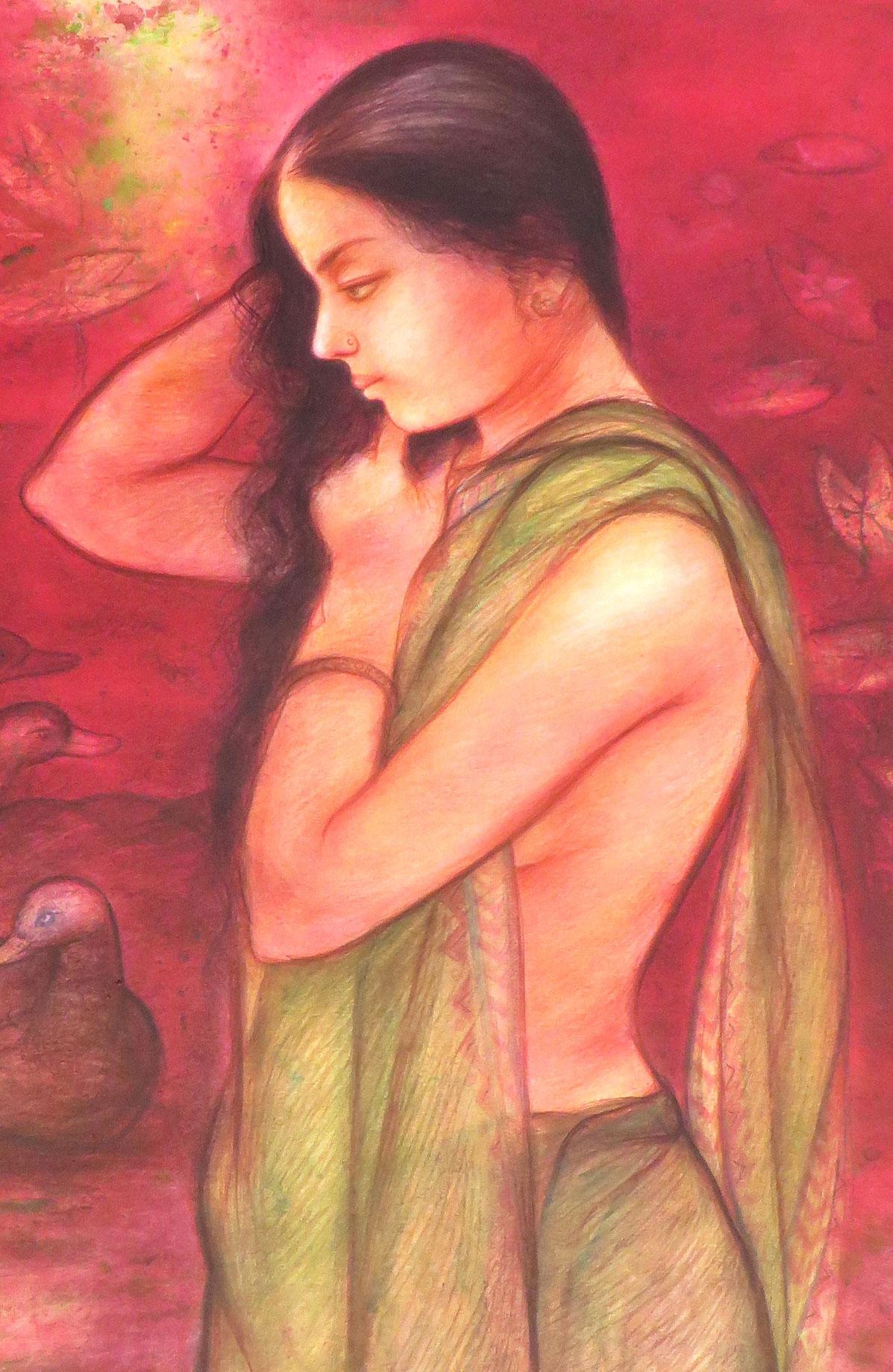 Étang de lotus, femmes indiennes se baignant au bord d'un lotus, technique mixte, aquarelle, rouge, vert « en stock » - Contemporain Painting par Gaurango Beshai 