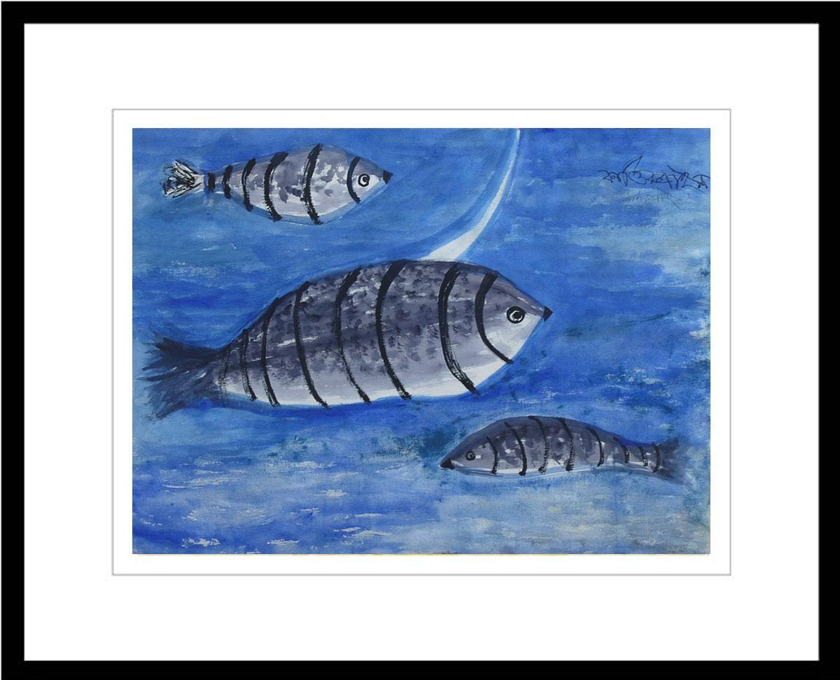 Peces en el Agua, Acuarela sobre papel, Azul por Artista Indio Moderno "En Stock"