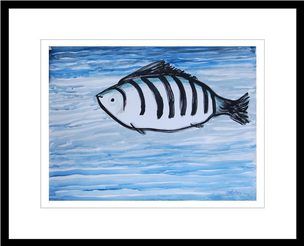 Kartick Chandra Pyne Figurative Art - Fish under the Water, Watercolor on paper, Blue by Indian Artist "In Stock"
