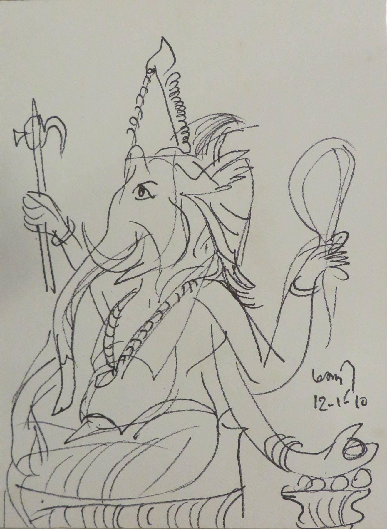 Ganesha, Indian Mythological God of Prosperity, Charcoal by master KG Subramanyan - Art by K.G. Subramanyan
