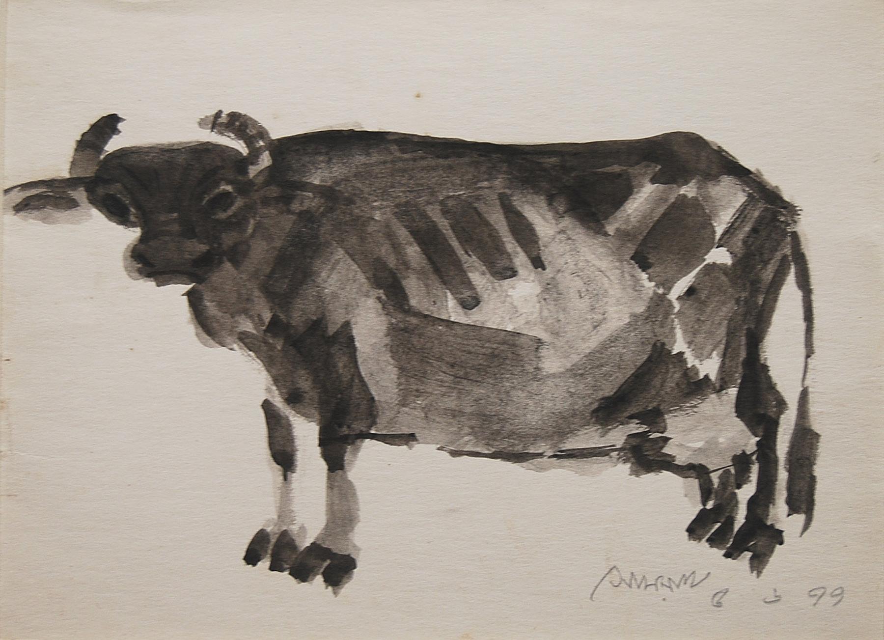 Indian Cow, Watercolor & Ink, Black by Padma Bhushan Awardee 