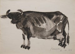 Indian Cow, Watercolor & Ink, Black by Padma Bhushan Awardee "In Stock"