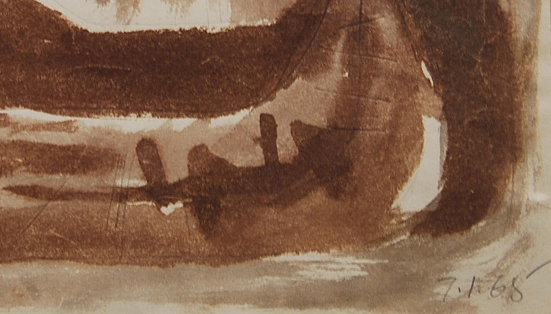 Reclining Woman, Watercolor, Brown by Indian Padma Bhushan Awardee 