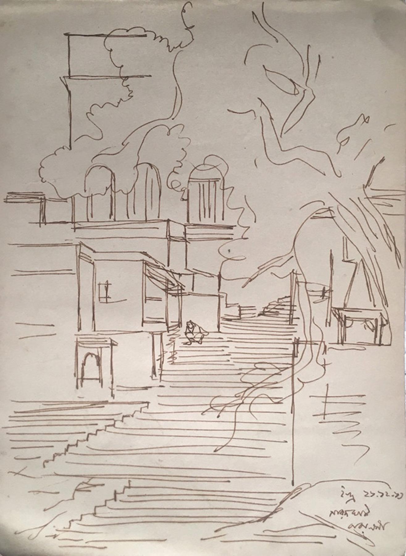 Indra Dugar - Varanasi Ghat - 10,5 x 8 Zoll (ungerahmtes Format) 
Set mit vier atemberaubenden Werken aus dem Notizbuch des bengalischen Maestro-Künstlers Indra Dugar.
Tinte auf Papier
Inklusive Versand in gerahmter Form, direkt an Ihre Haustür