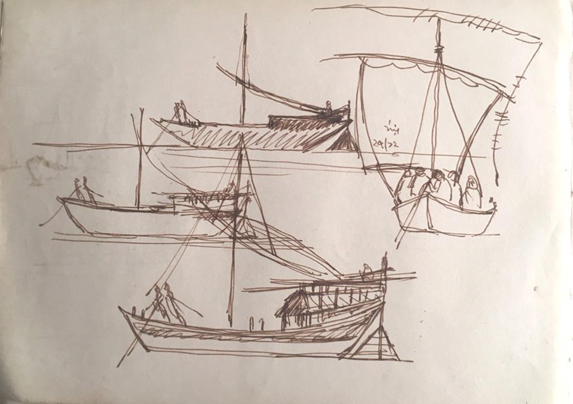 El Ganges en Benarés, Tinta sobre papel, inspirado por el Maestro Nandalal Bose - Art Moderno de Indra Dugar