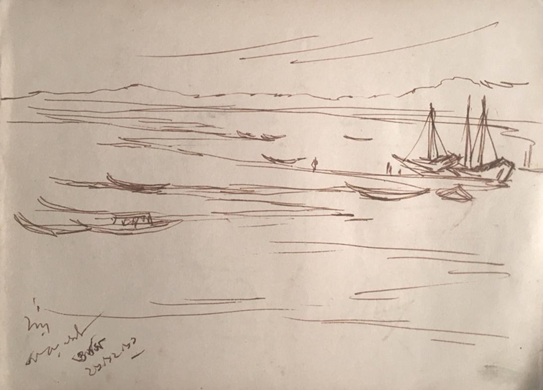 El Ganges en Benarés, Tinta sobre papel, inspirado por el Maestro Nandalal Bose - Art de Indra Dugar