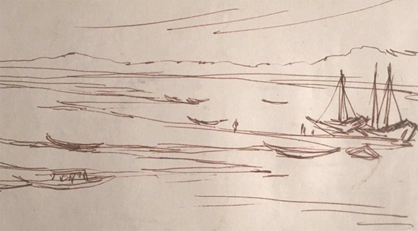 The Ganges in Varanasi, Ink on paper, inspired by Master Artist Nandalal Bose - Beige Landscape Art by Indra Dugar