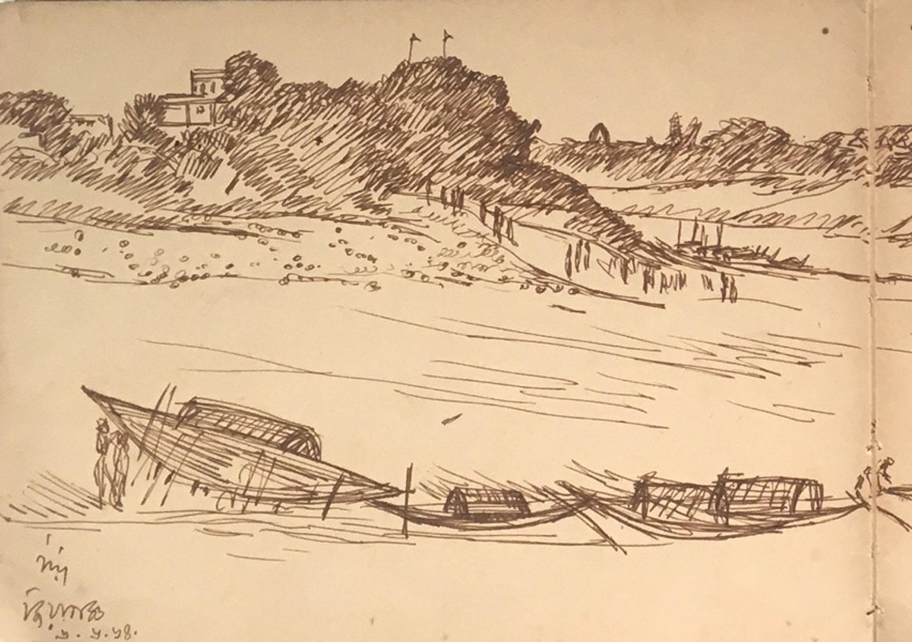 Jiyagunj : Barco, Dibujos Raros, Tinta sobre Papel del Maestro Artista Indio Indra Dugar en venta 1