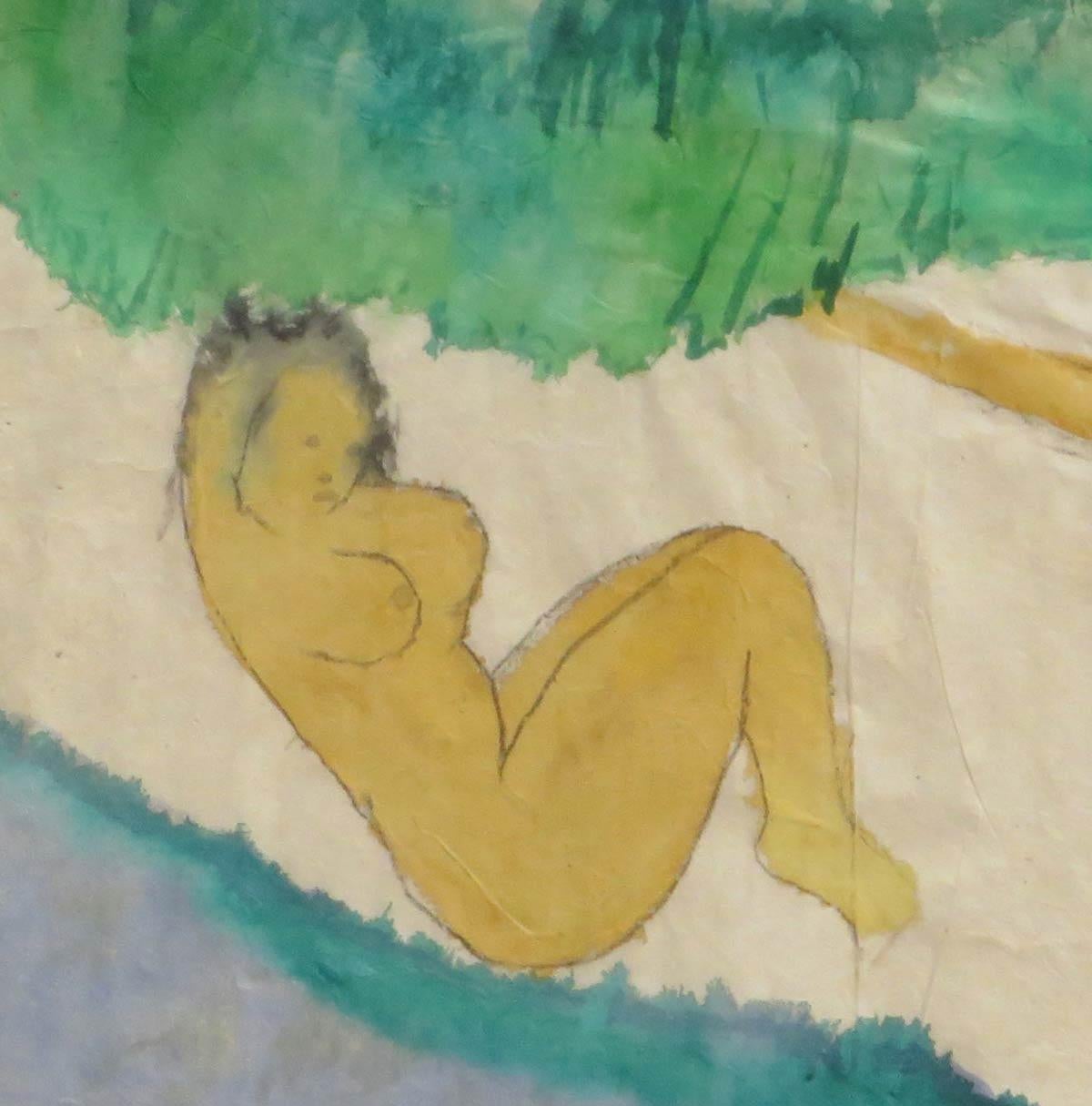 Femmes se baignant, nues, aquarelle sur papier de riz, vert, gris, marron « en stock » - Beige Figurative Painting par Kartick Chandra Pyne