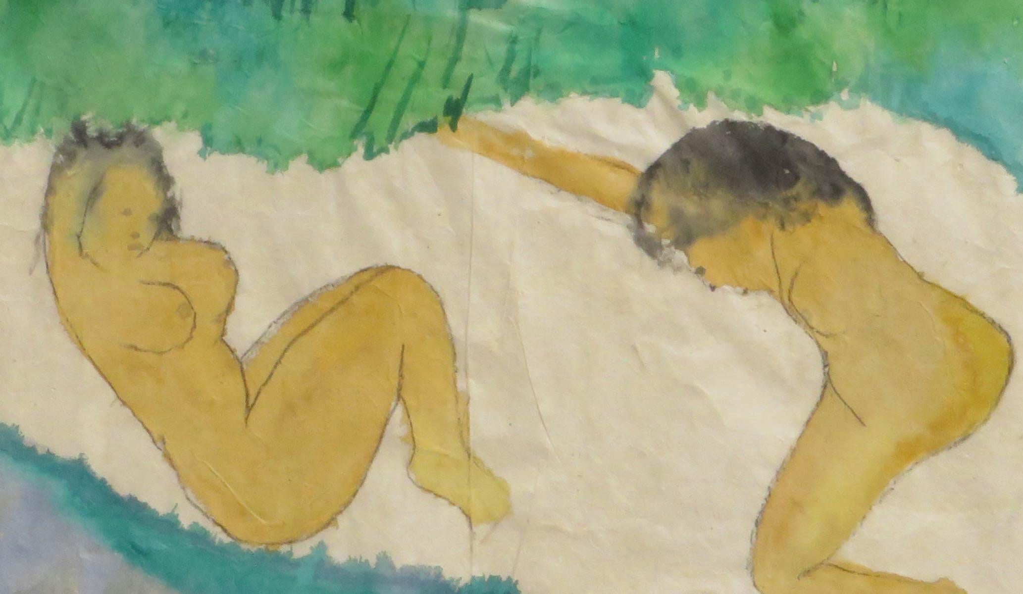Femmes se baignant, nues, aquarelle sur papier de riz, vert, gris, marron « en stock » en vente 1