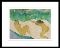 Femmes se baignant, nues, aquarelle sur papier de riz, vert, gris, marron « en stock »