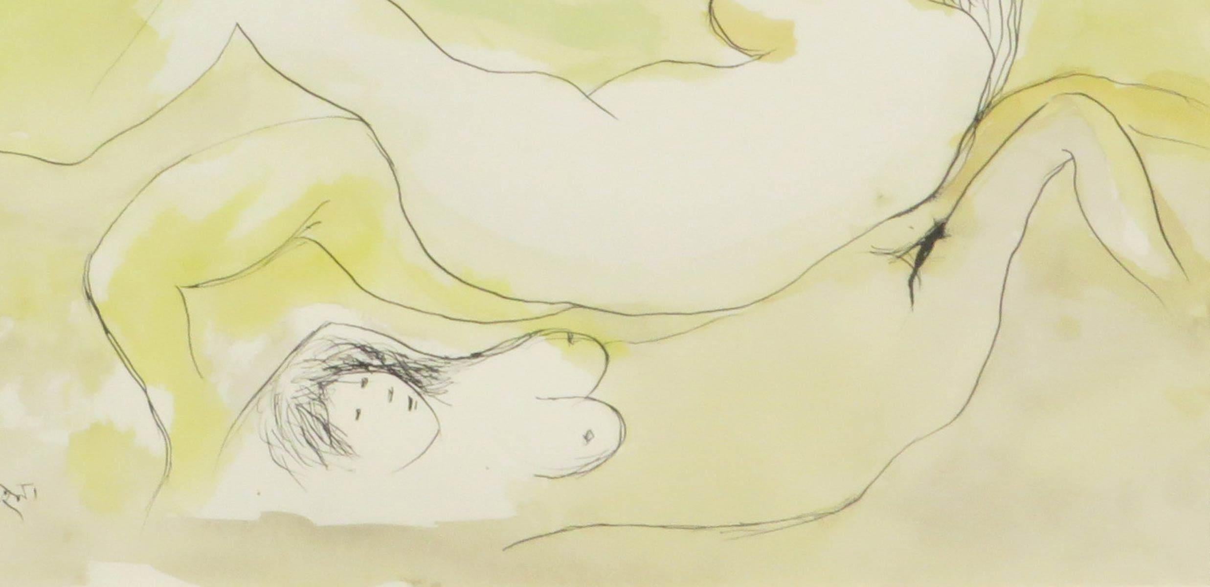 Nude Women, Bathing, Watercolor on paper, Green, Yellow by K. C. Pyne 