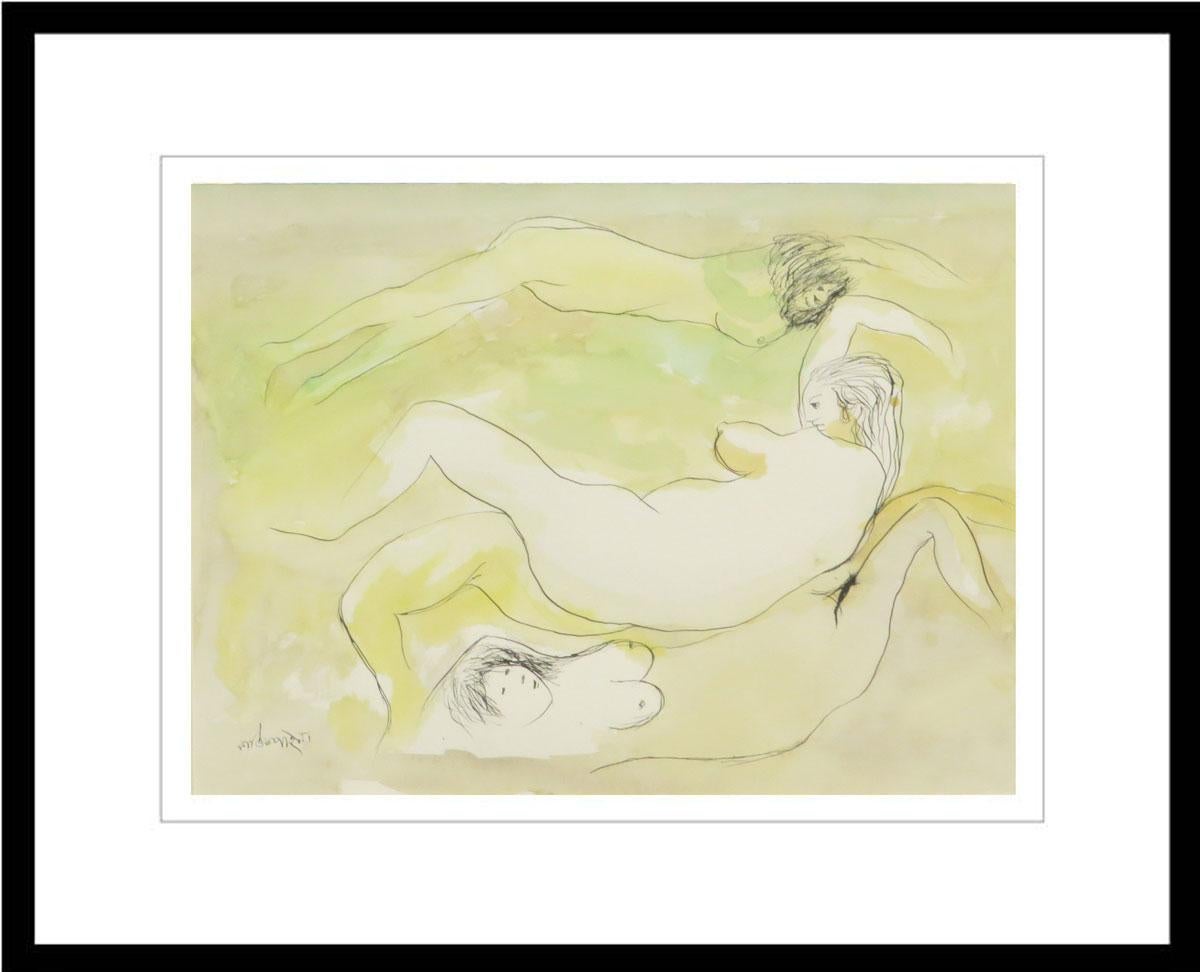 Kartick Chandra Pyne Nude Painting - Nude Women, Bathing, Watercolor on paper, Green, Yellow by K. C. Pyne "In Stock"