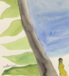 Nude Woman, Watercolor Painting, Green & Blue by Master Indian Artist "In Stock"