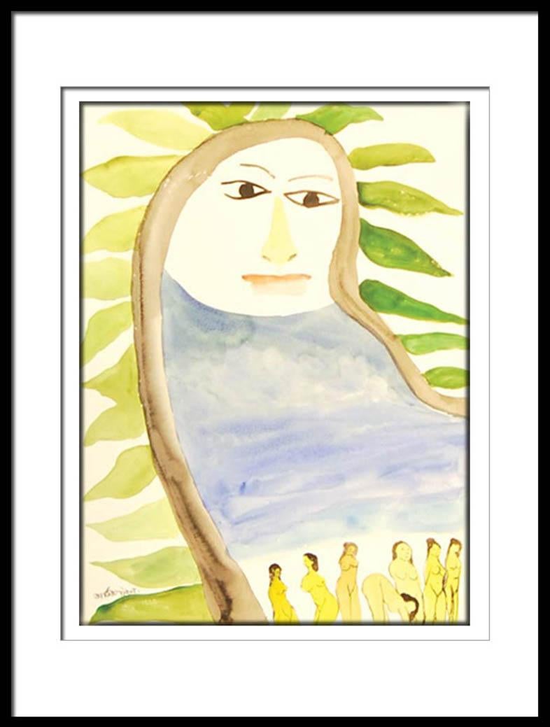 Nude Woman, Watercolor Painting, Green & Blue by Master Indian Artist 