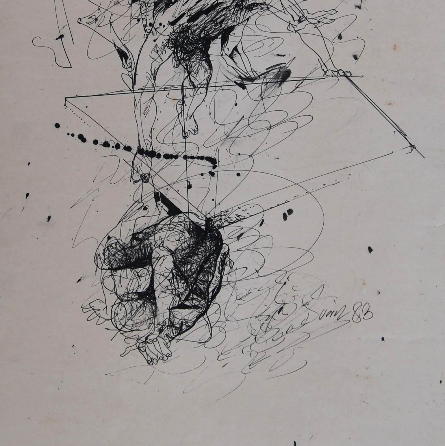 Raro dibujo antiguo II, Desnudo, Figurativo, Pluma y tinta sobre papel de Sunil Das en venta 2