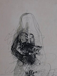 Rare Drawing, Woman with horse, Erotic, Figurative ink , by Padmashree Sunil Das