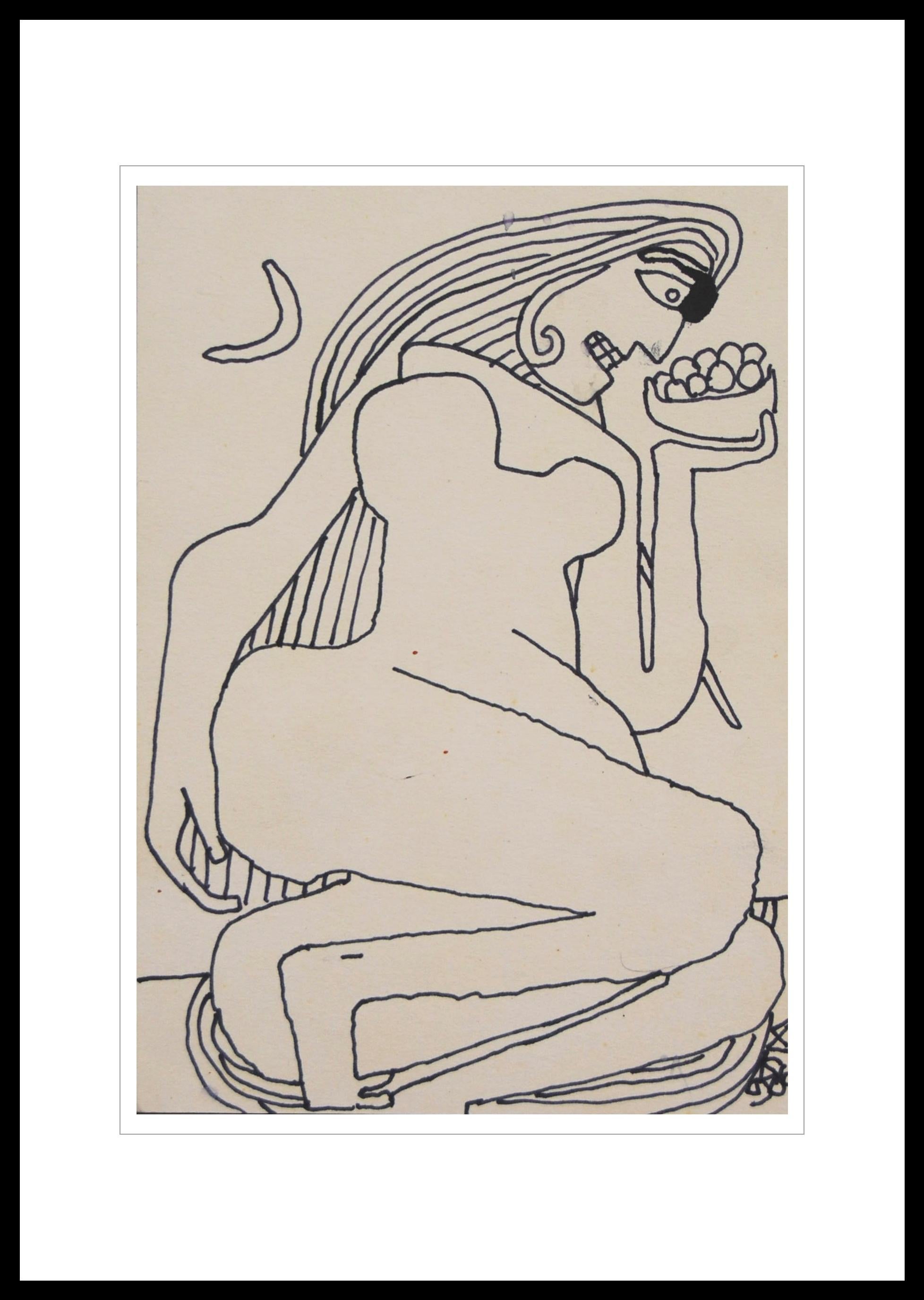  Reclining Women, Nude Drawing, Ink on paper by Master Indian Artist "In Stock"