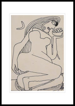 Mujer Reclinada, Dibujo de Desnudo, Tinta sobre papel del Maestro Artista Indio "En Stock"