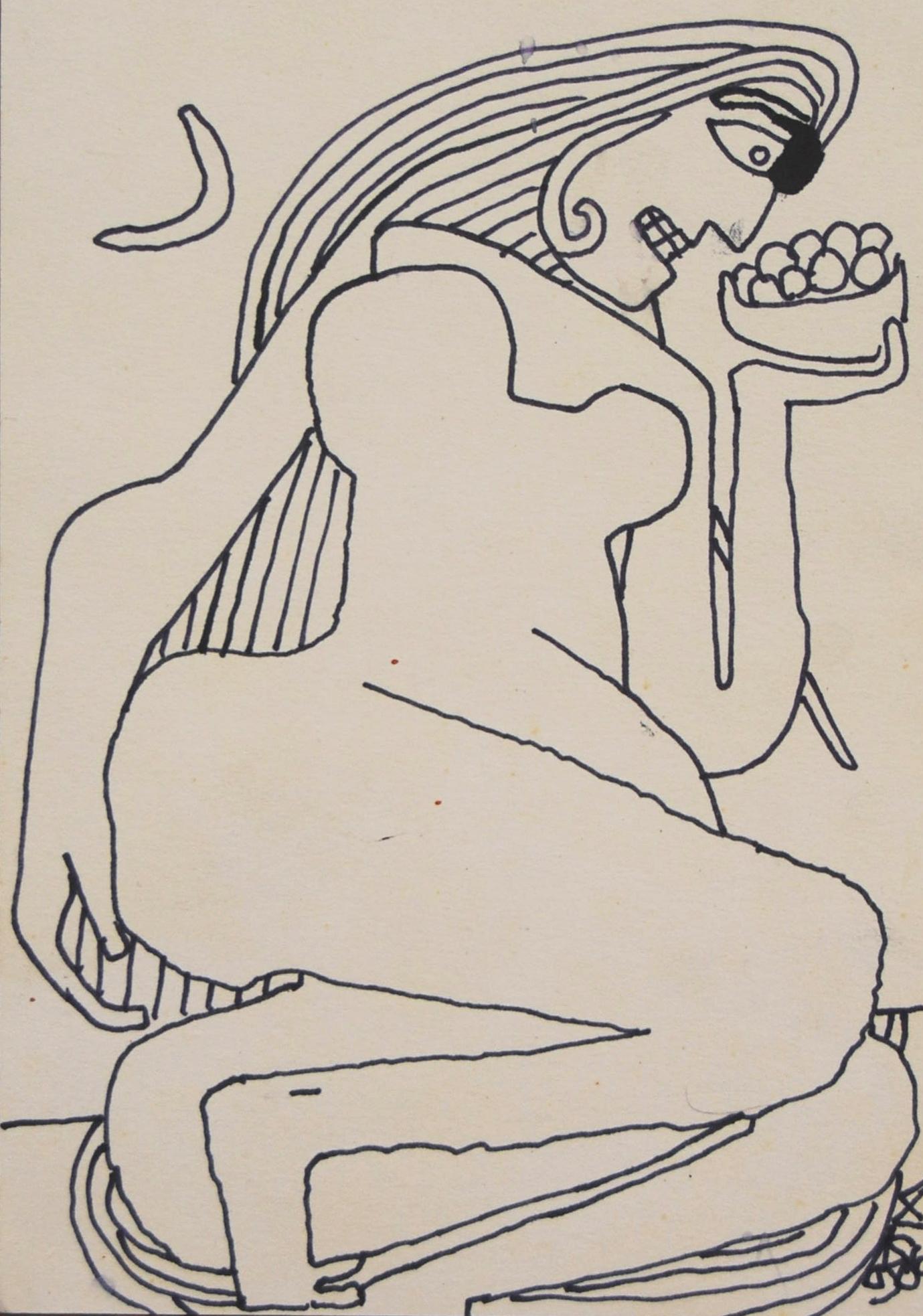  Des femmes allongées, dessin de nus, encre sur papier du maître artiste indien, « en stock » - Art de Prakash Karmarkar