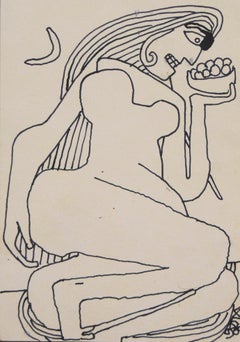 Reclining Women, Nude Drawing, Ink on paper by Master Indian Artist "In Stock"