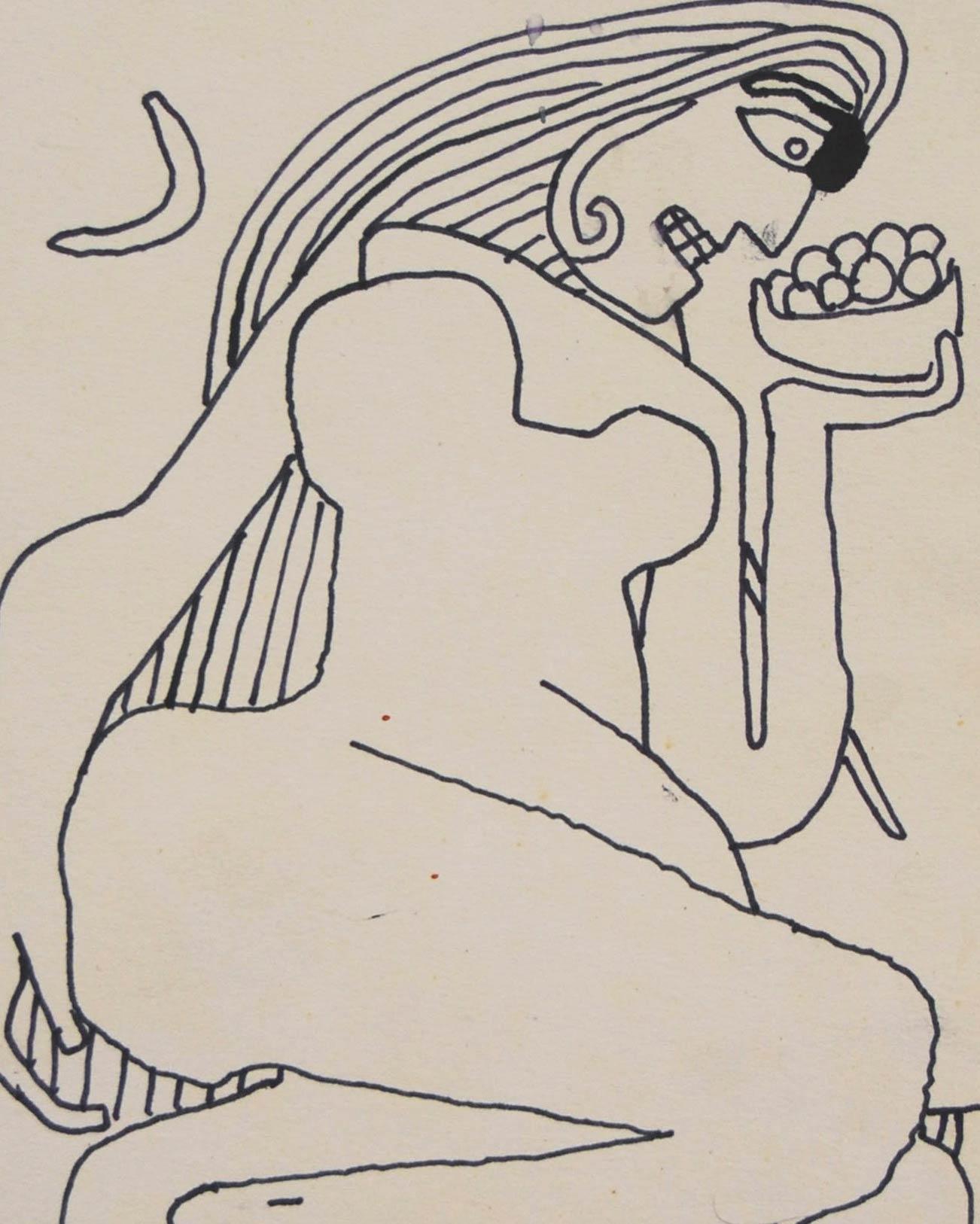  Des femmes allongées, dessin de nus, encre sur papier du maître artiste indien, « en stock » - Moderne Art par Prakash Karmarkar