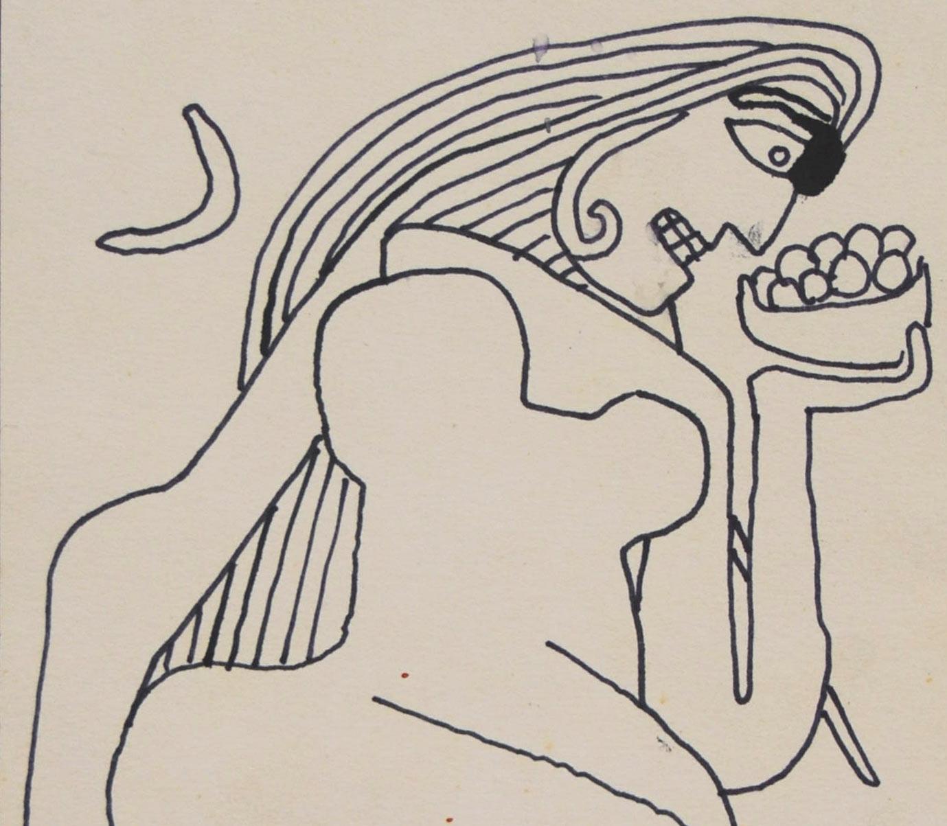 Mujer Reclinada, Dibujo de Desnudo, Tinta sobre papel del Maestro Artista Indio 