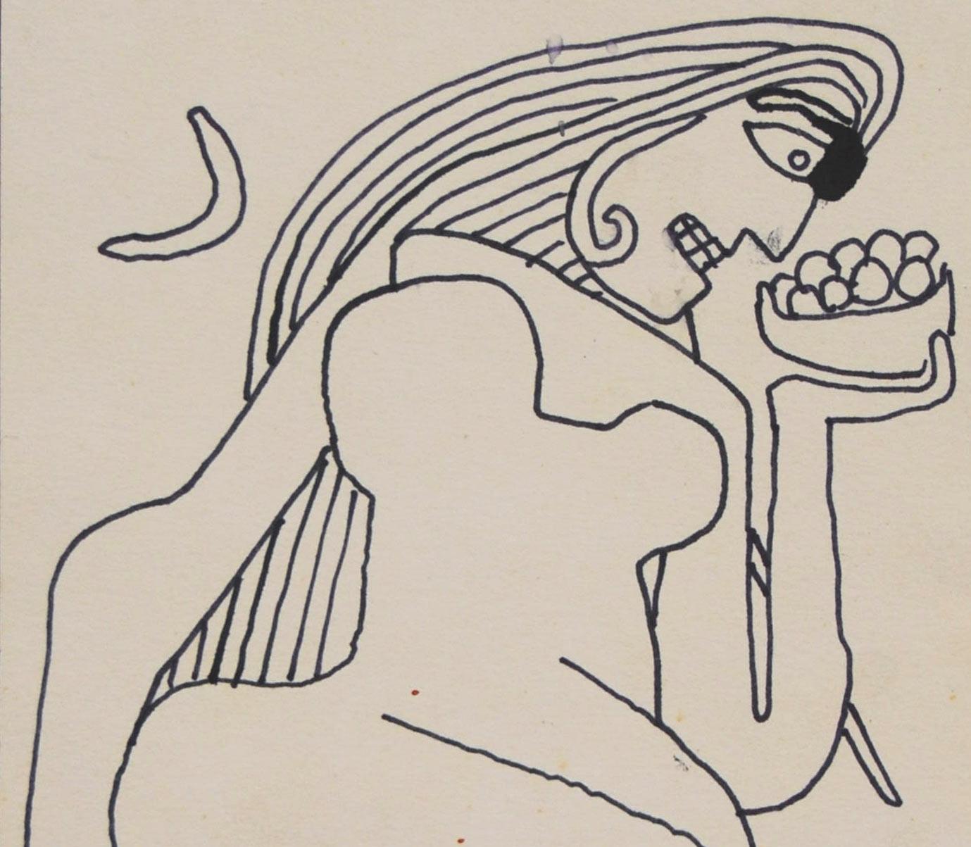  Des femmes allongées, dessin de nus, encre sur papier du maître artiste indien, « en stock » - Beige Figurative Art par Prakash Karmarkar